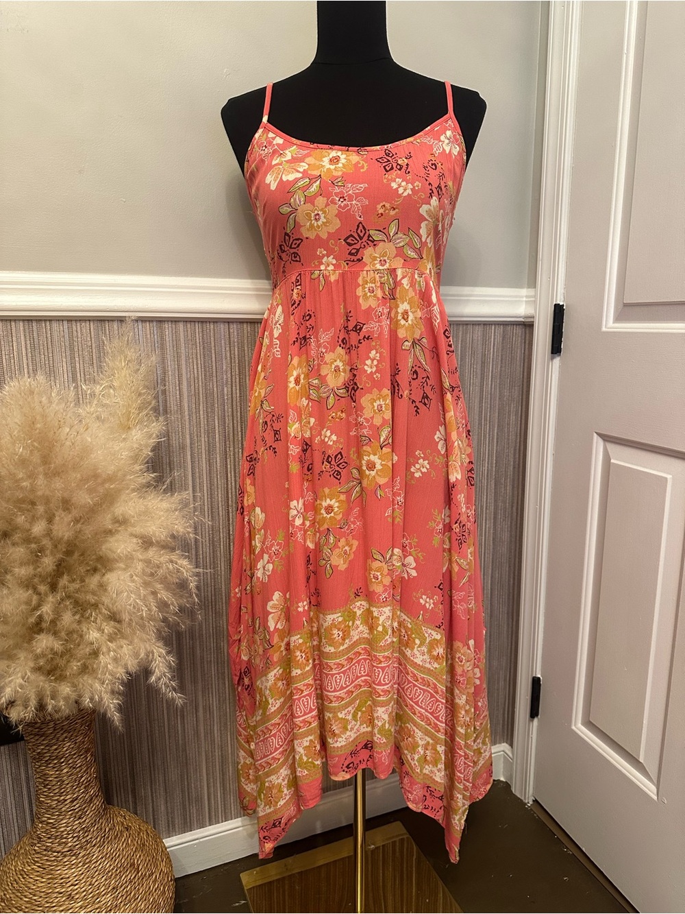 Angie Coral Floral Boho Handkerchief Maxi Dress Smocked Back Size Small